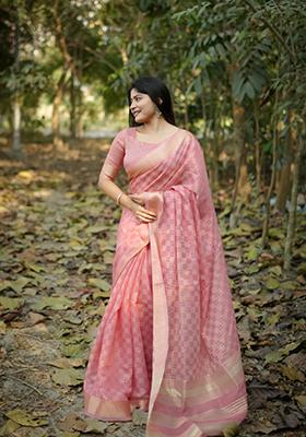 Pink Zari Work Silk Saree Set