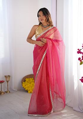 Pink Solid Net Saree Set