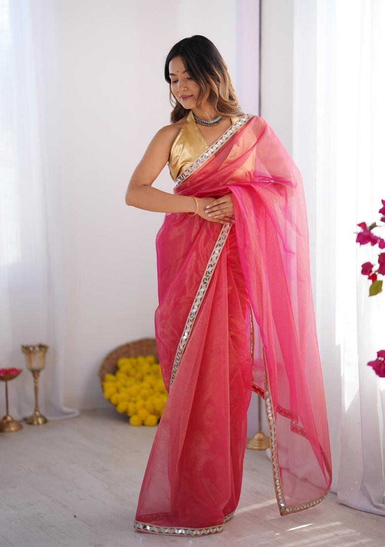 Pink Solid Net Saree Set