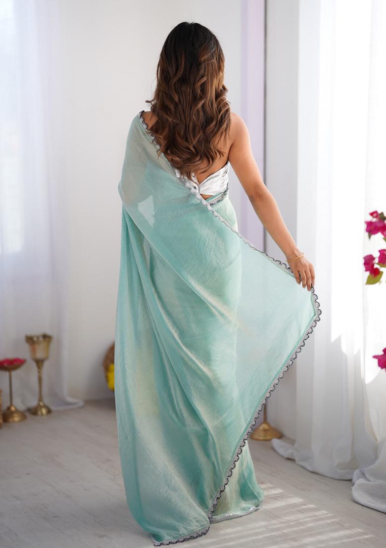Sea Green Solid Tissue Saree Set