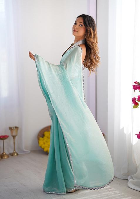 Sea Green Solid Tissue Saree Set