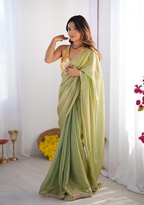 Pista Green Solid Satin Saree Set