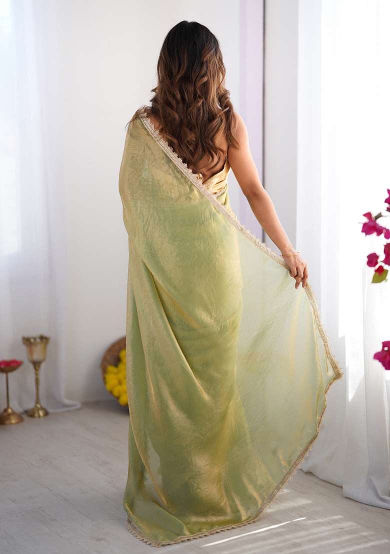 Pista Green Solid Satin Saree Set - Indya