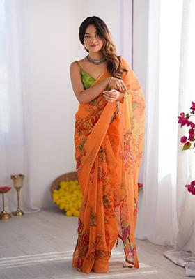 Orange Printed Organza Saree Set