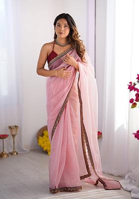 Pink Solid Net Saree Set
