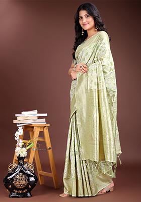 Light Green Woven Linen Cotton Saree Set