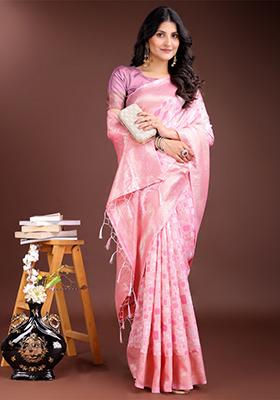 Pink Woven Linen Cotton Saree Set