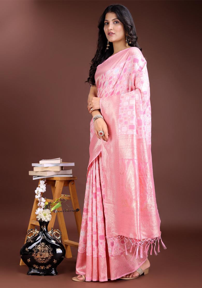 Pink Woven Linen Cotton Saree Set