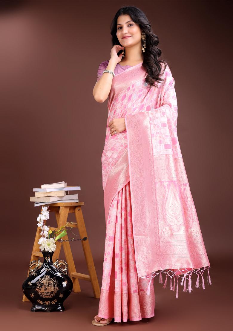 Pink Woven Linen Cotton Saree Set