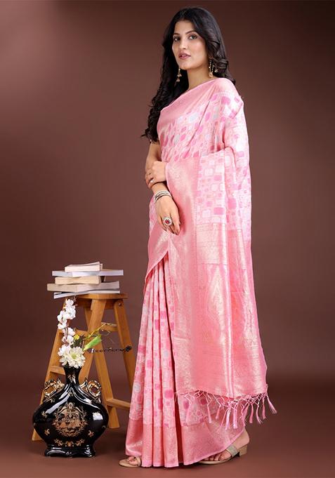 Pink Woven Linen Cotton Saree Set