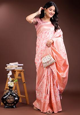 Peach Woven Linen Cotton Saree Set