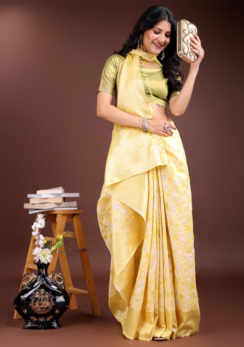 Yellow Woven Linen Cotton Saree Set