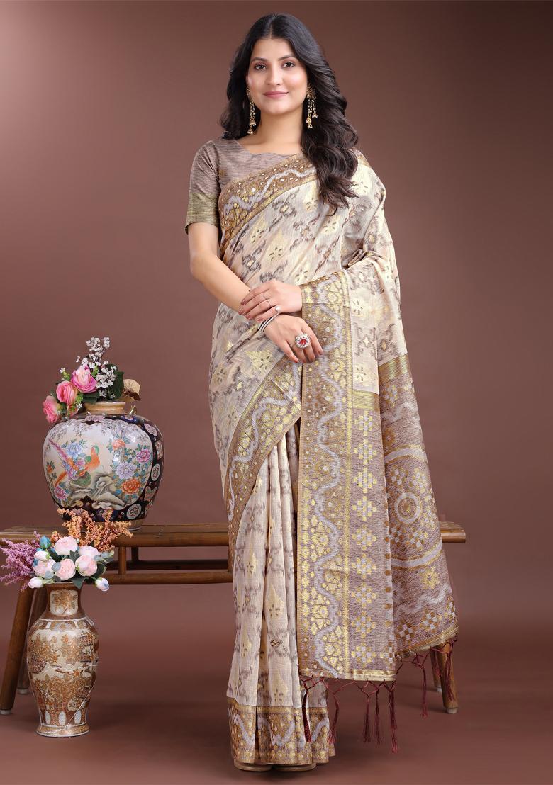 Brown Woven Linen Cotton Saree Set