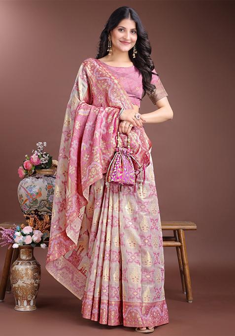 Purple Woven Linen Cotton Saree Set