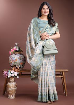 Green Woven Linen Cotton Saree Set