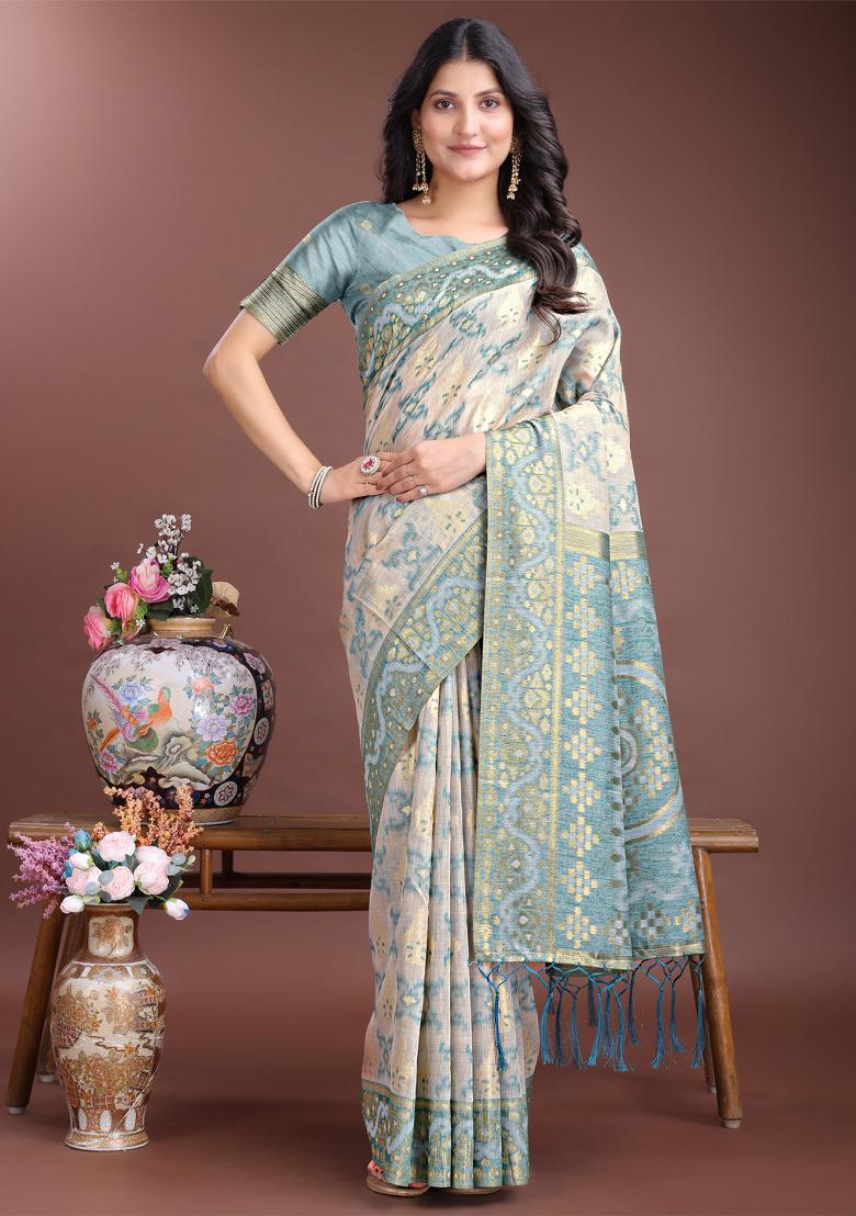 Green Woven Linen Cotton Saree Set