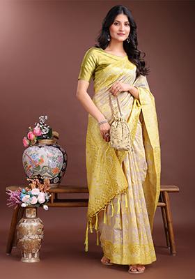 Yellow Woven Linen Cotton Saree Set
