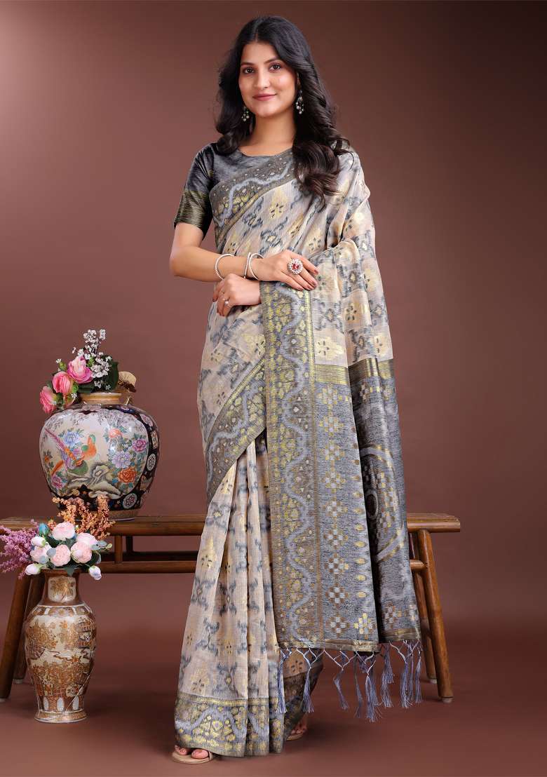 Grey Woven Linen Cotton Saree Set - Indya