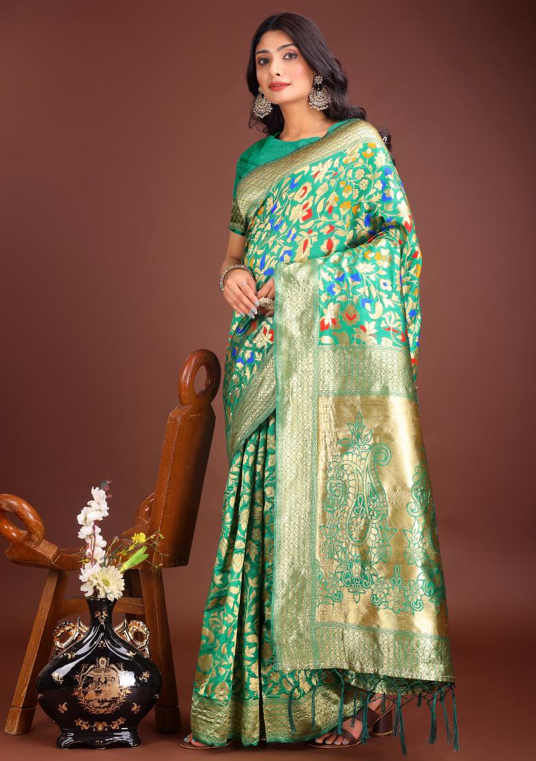 Green Woven Lichi Silk Saree Set