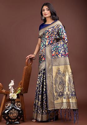 Navy Blue Woven Lichi Silk Saree Set