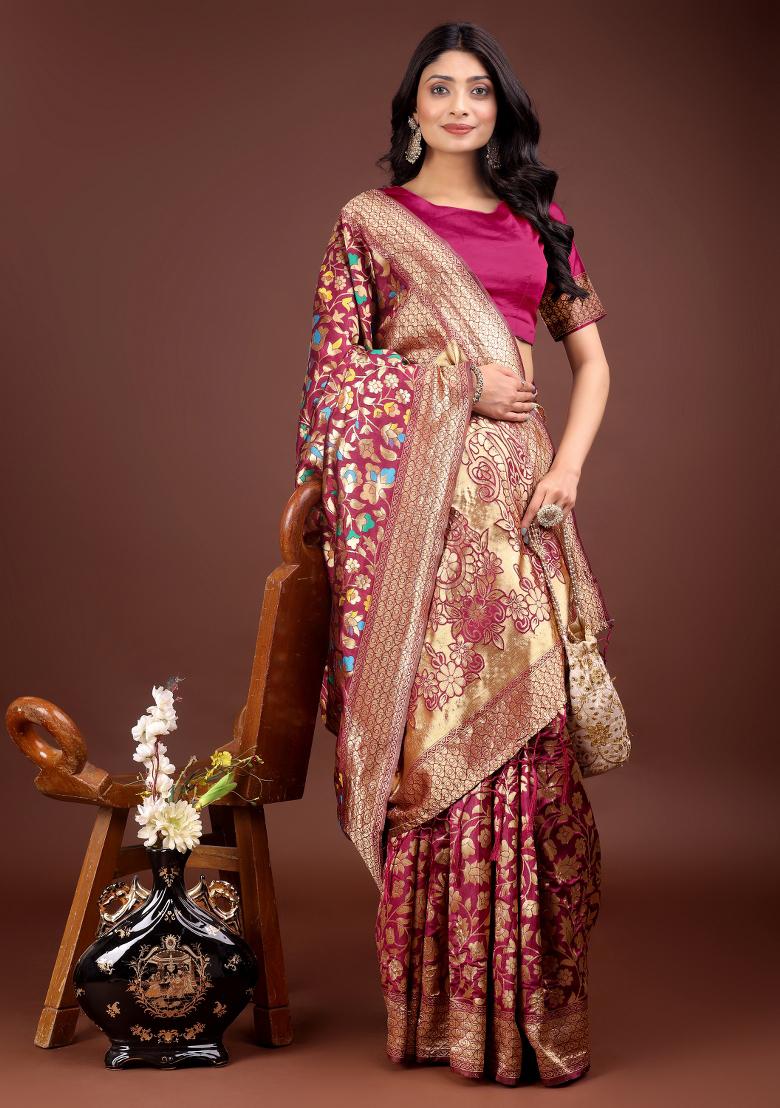 Magenta Woven Lichi Silk Saree Set