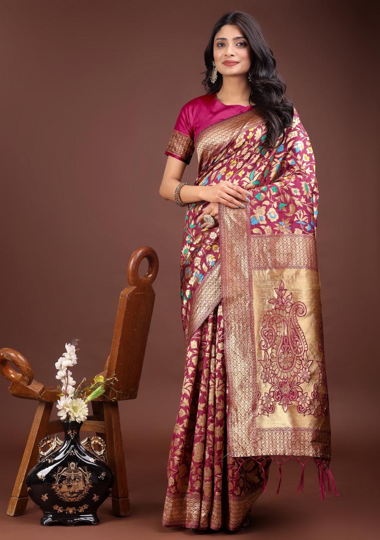 Magenta Woven Lichi Silk Saree Set
