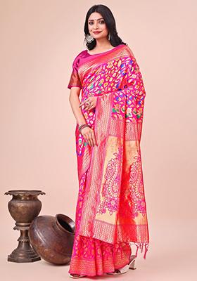 Pink Woven Lichi Silk Saree Set