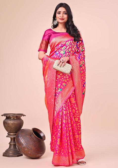 Pink Woven Lichi Silk Saree Set