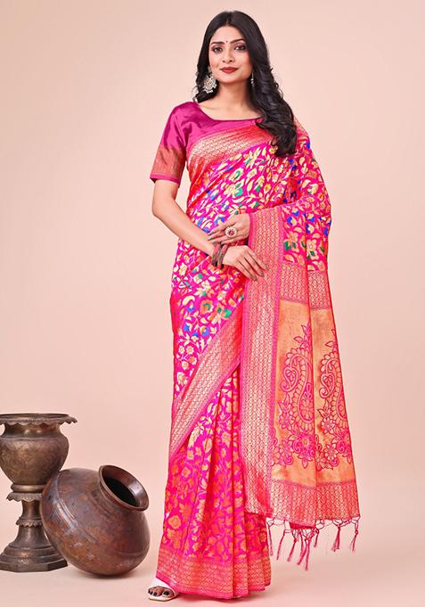 Pink Woven Lichi Silk Saree Set