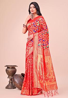 Red Woven Lichi Silk Saree Set