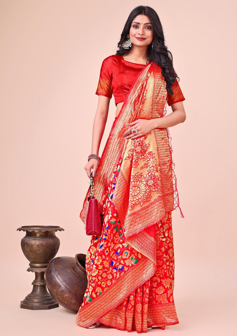 Red Woven Lichi Silk Saree Set