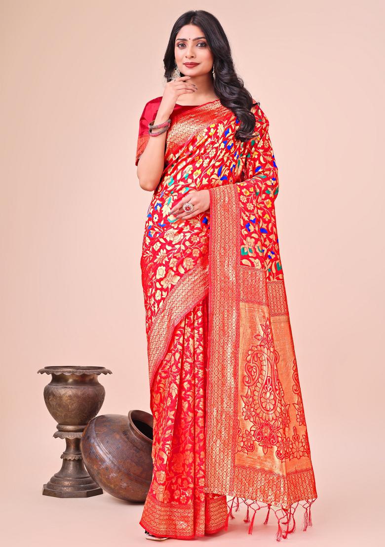 Red Woven Lichi Silk Saree Set