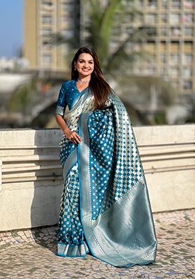 Teal Blue Zari Work Banarasi Silk Saree Set