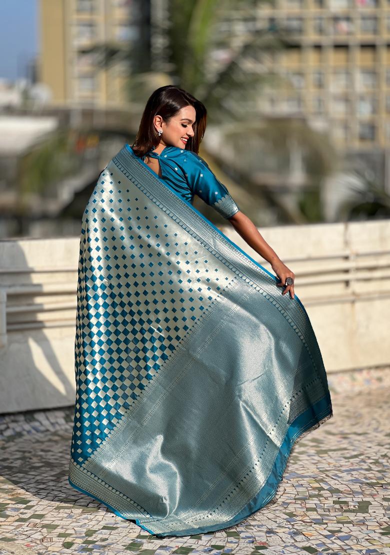 Teal Blue Zari Work Banarasi Silk Saree Set