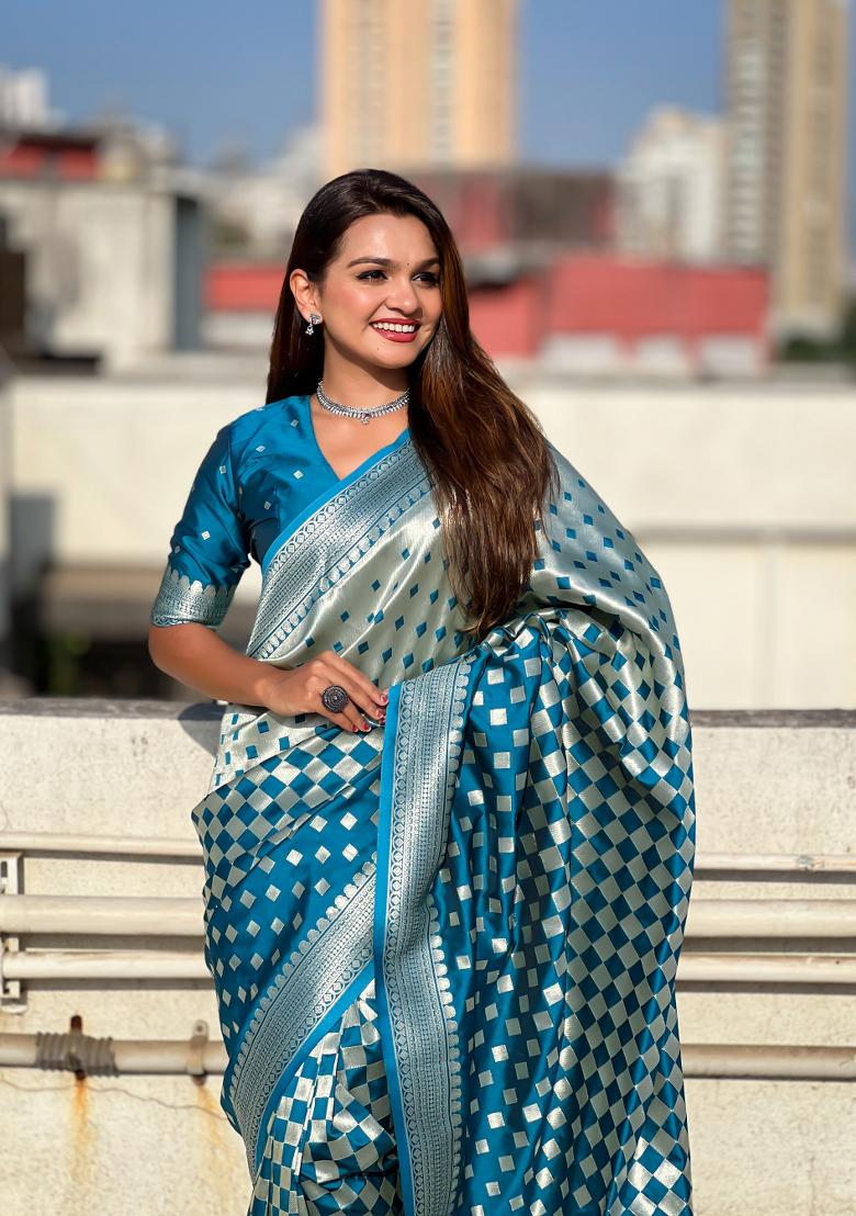 Teal Blue Zari Work Banarasi Silk Saree Set