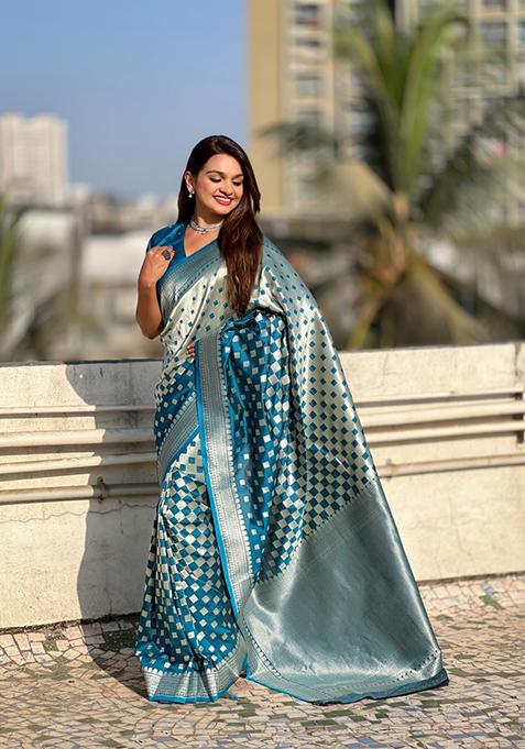 Teal Blue Zari Work Banarasi Silk Saree Set