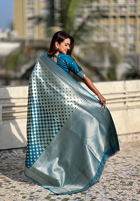 Teal Blue Zari Work Banarasi Silk Saree Set
