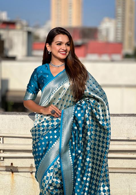 Teal Blue Zari Work Banarasi Silk Saree Set