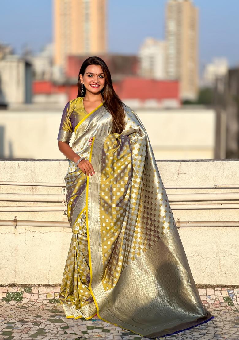 Yellow Zari Work Banarasi Silk Saree Set