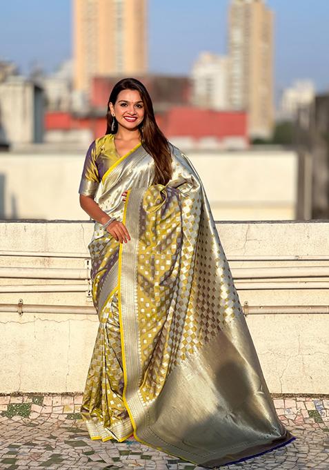 Yellow Zari Work Banarasi Silk Saree Set