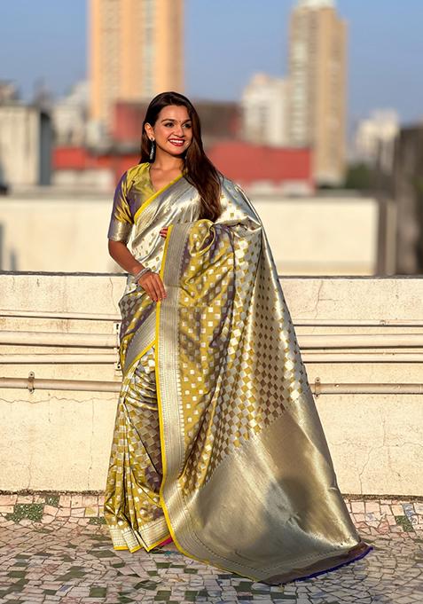 Yellow Zari Work Banarasi Silk Saree Set