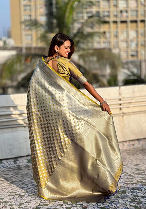 Yellow Zari Work Banarasi Silk Saree Set