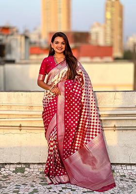 Cherry Red Zari Work Banarasi Silk Saree Set