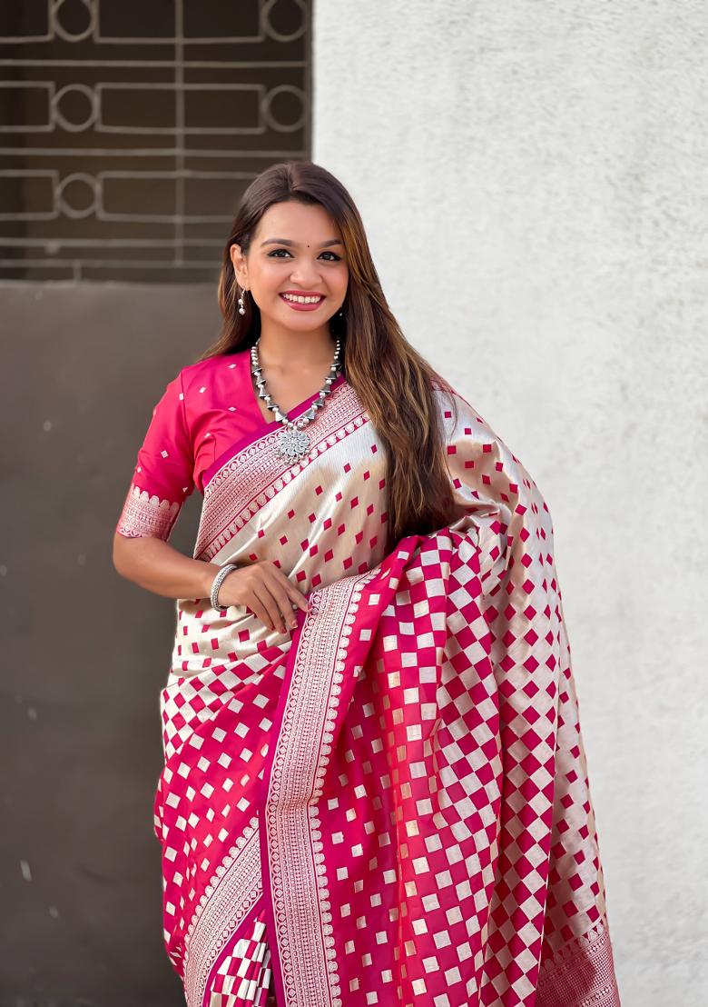 Cherry Red Zari Work Banarasi Silk Saree Set