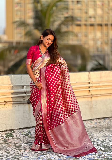 Cherry Red Zari Work Banarasi Silk Saree Set