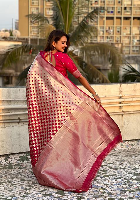 Cherry Red Zari Work Banarasi Silk Saree Set