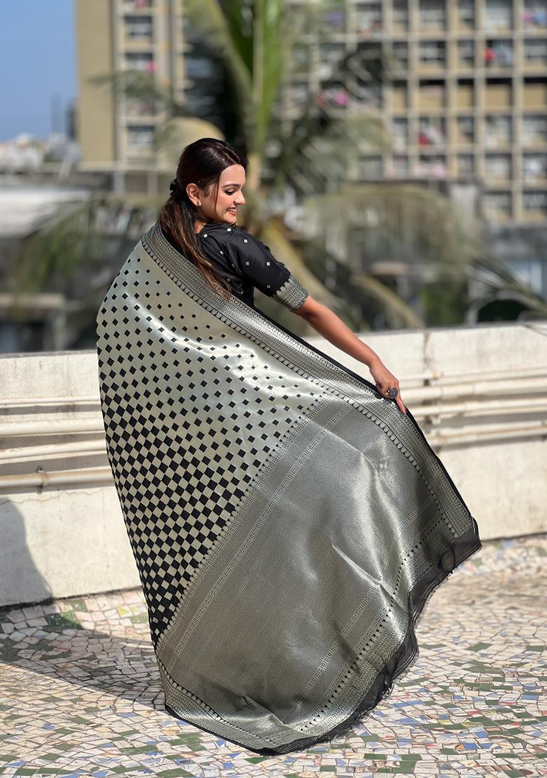 Black Zari Work Banarasi Silk Saree Set