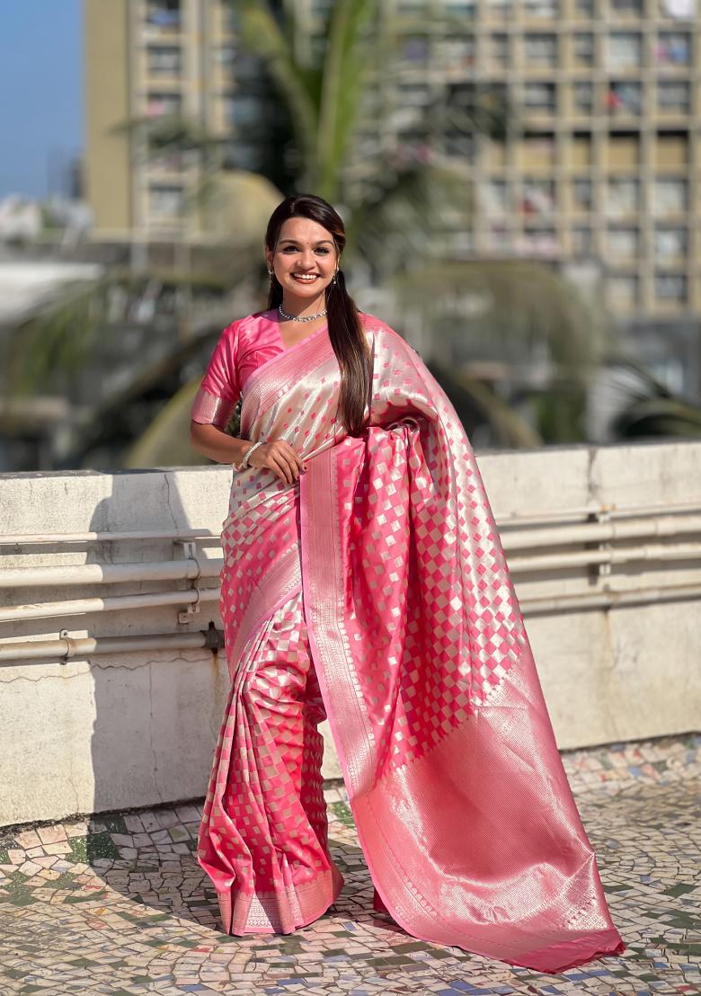 Pink Zari Work Banarasi Silk Saree Set