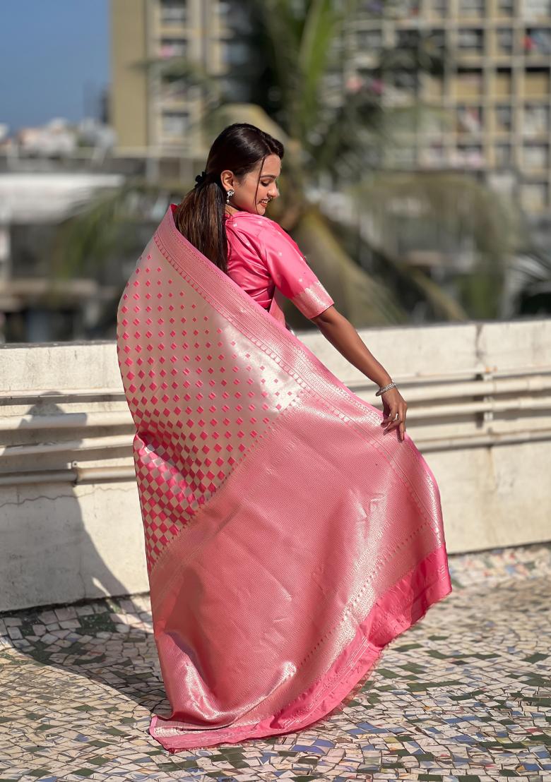 Pink Zari Work Banarasi Silk Saree Set
