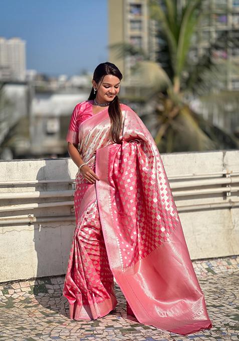 Pink Zari Work Banarasi Silk Saree Set